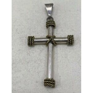 Vintage Taxco Sterling Silver Cross Pendant 925 Mexico TC Two Tone Rope 10.7g